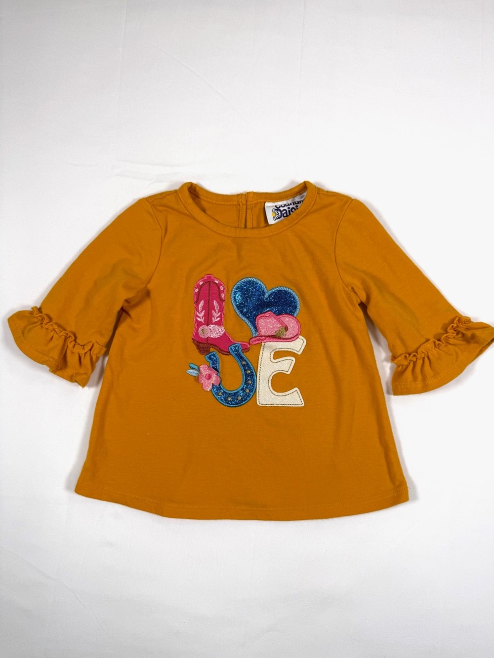 COUNTING DAISIES Girls Western Love Graphic Ruffle Sleeve Top Mustard 18 Months